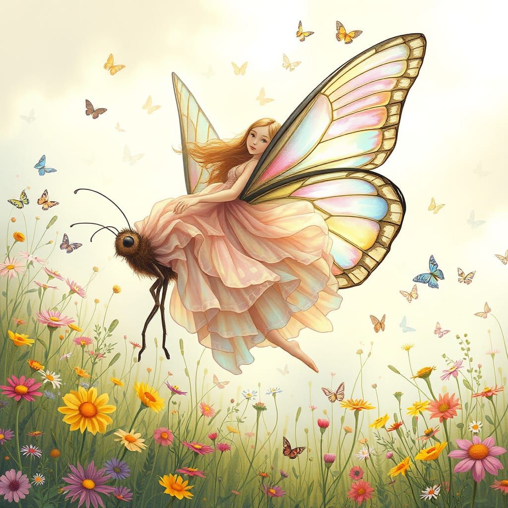 Fairy Riding Butterfly in a Sunlit Meadow