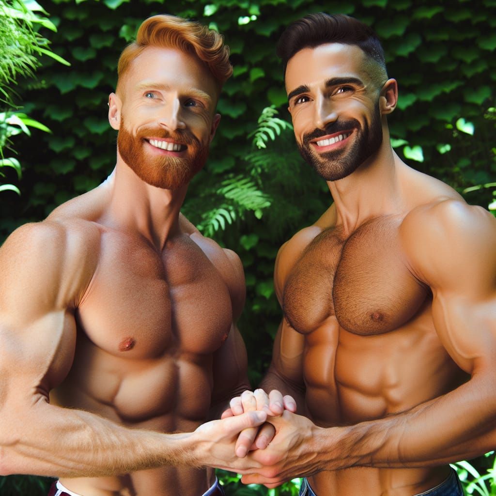 two shirtless toned men holding hands in a garden, short red hair, short beard
