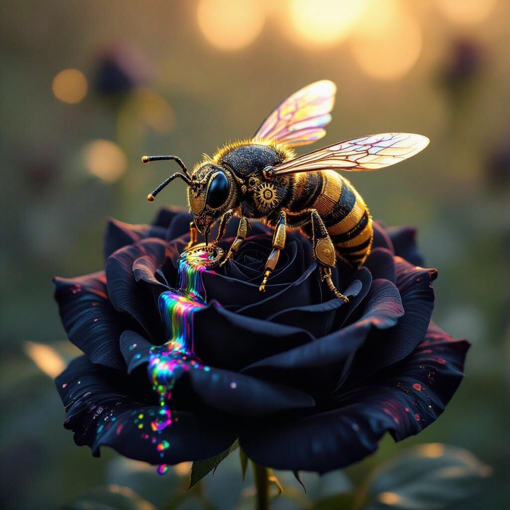 Steampunk Queen Bee on Black Rose with Rainbow Ink