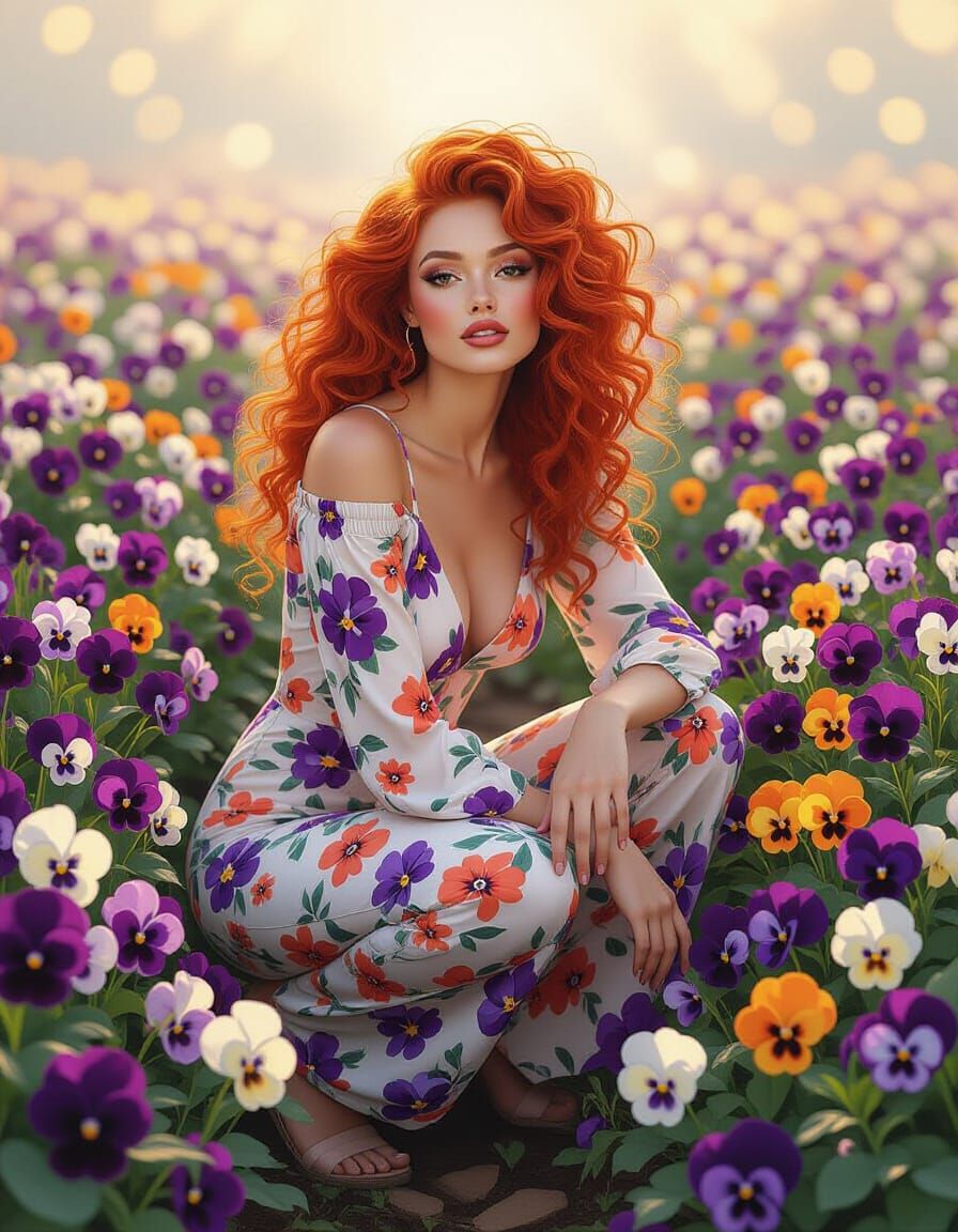 Woman in Floral Jumpsuit Amidst Pansies Digital Painting