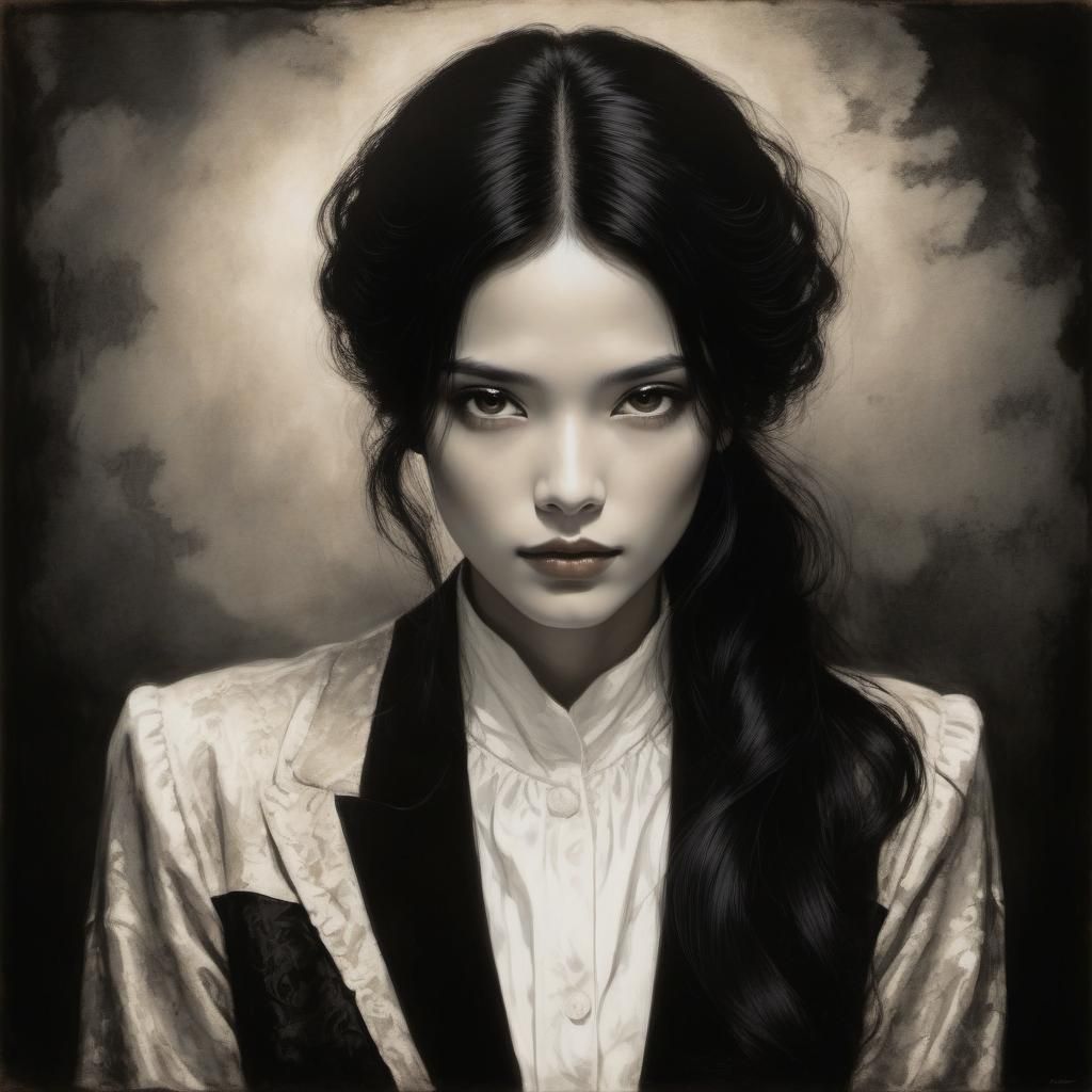 Woman with Black Hair in Sepia Chiaroscuro