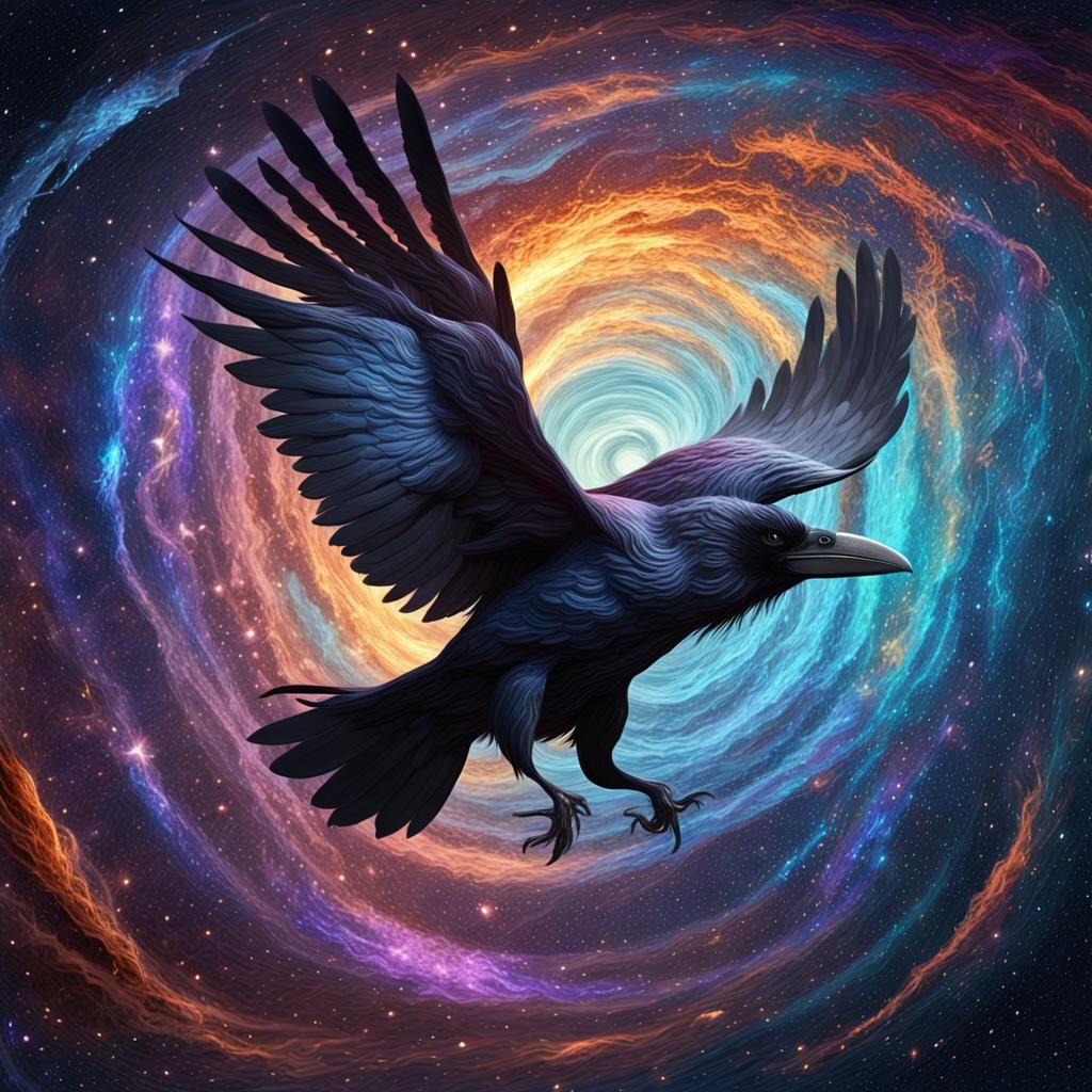 Raven in Cosmic Maelstrom: Impasto Oil Painting