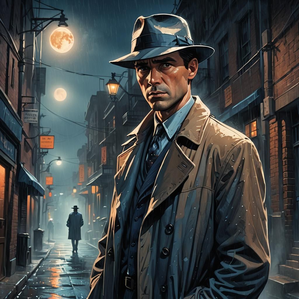 Detective in Rainy Alley: Film Noir Concept Art