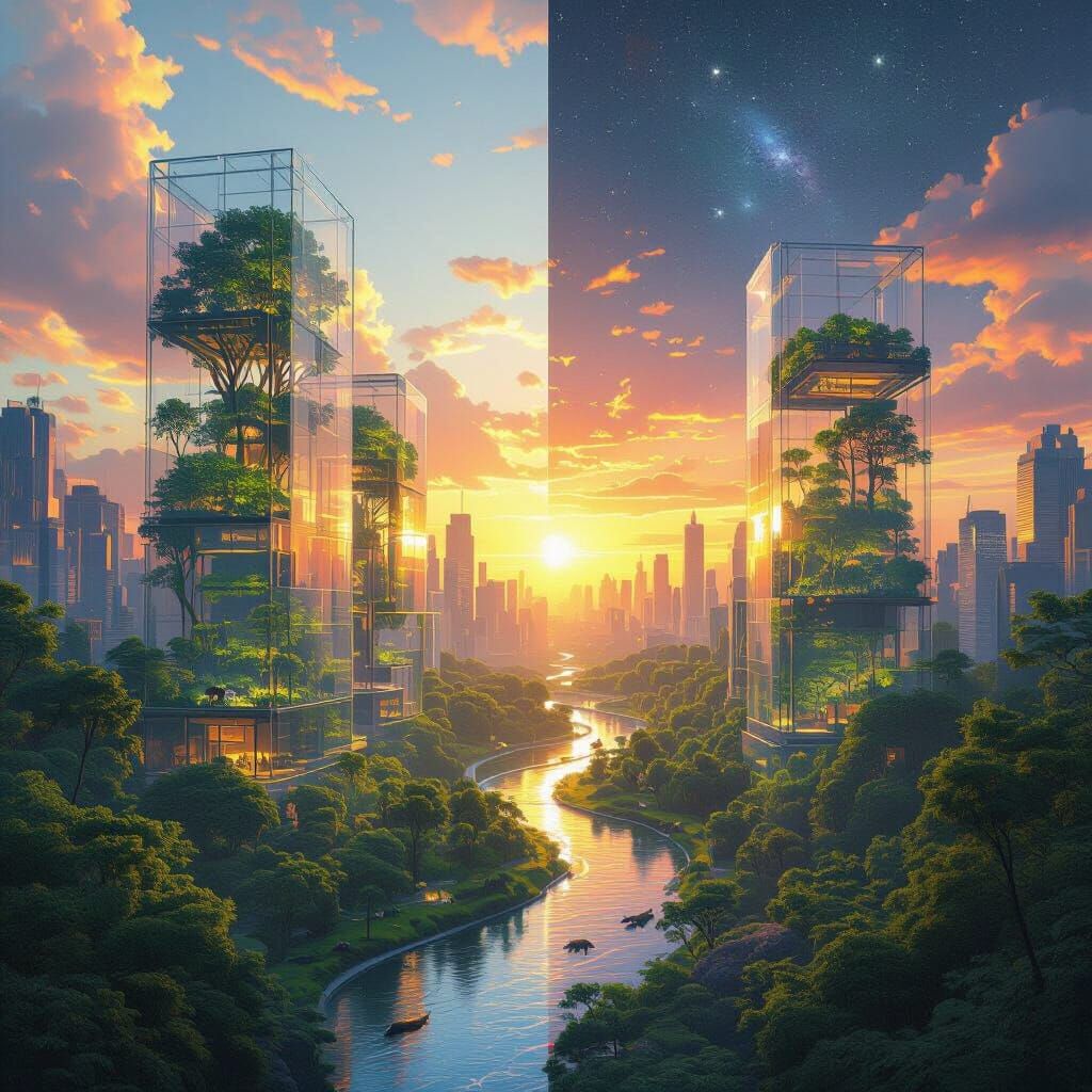 Futuristic Transparent Cityscape with Lush Ecosystems