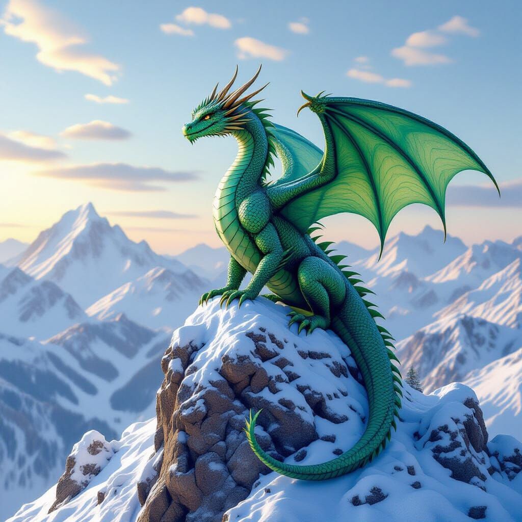Majestic Emerald Dragon on Mountain Peak at Dawn