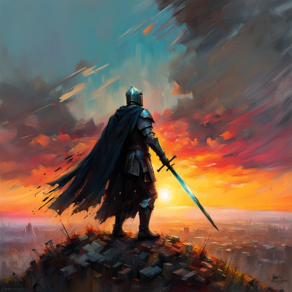 Knight with Magical Sword at Sunset Painting