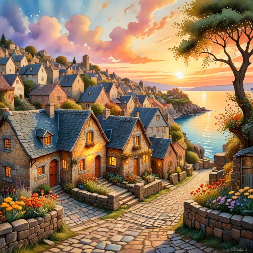 Ancient Coastal Village with Whimsical Details