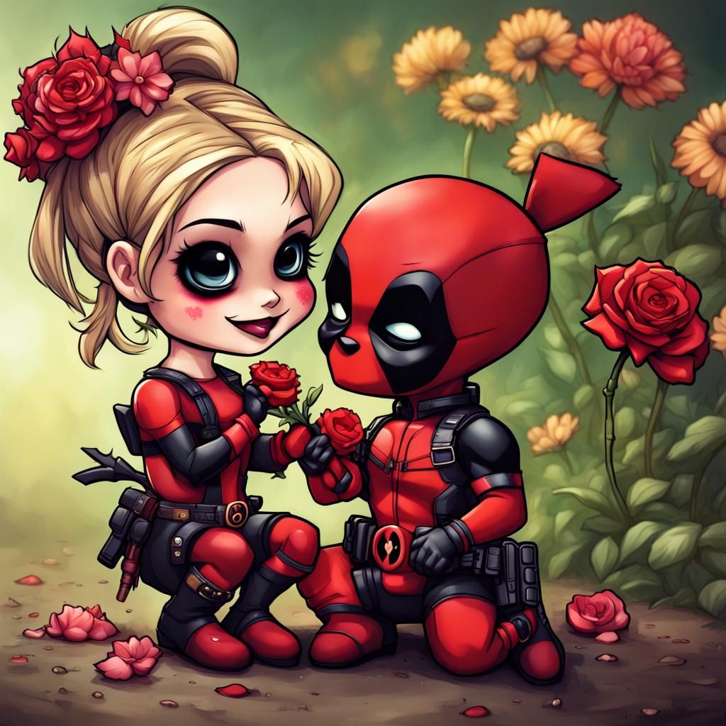 Chibi Deadpool Gives Flowers to Harley Quinn