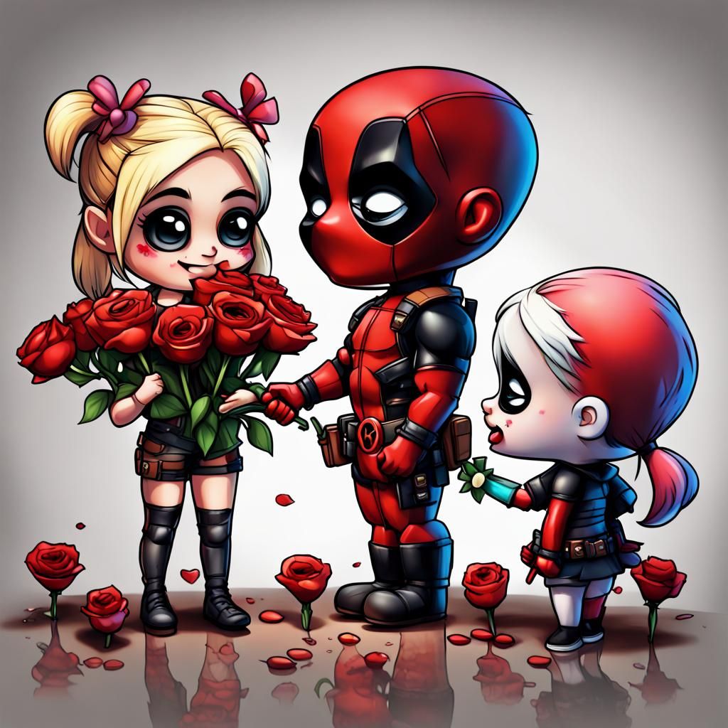 Chibi Deadpool Gives Flowers to Harley Quinn