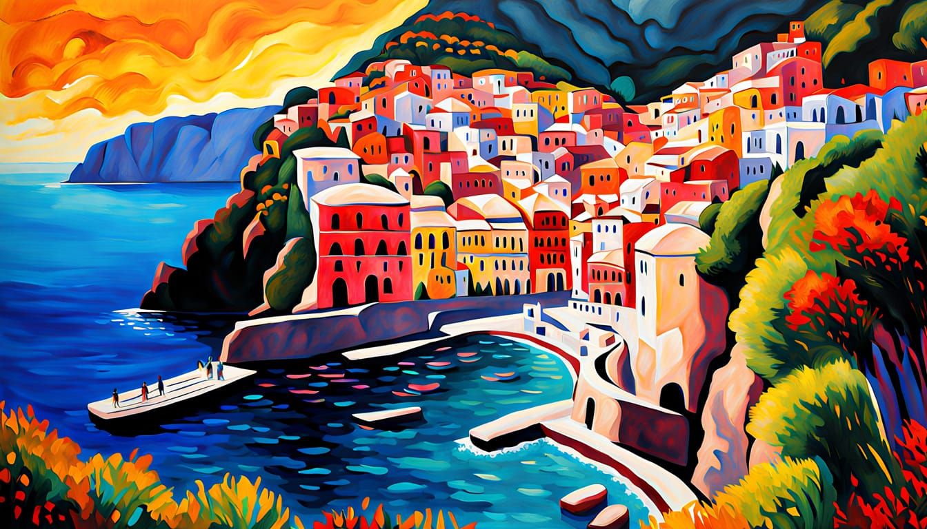 Fauvism Amalfi Village Clinging to Cliff Over Blue Sea