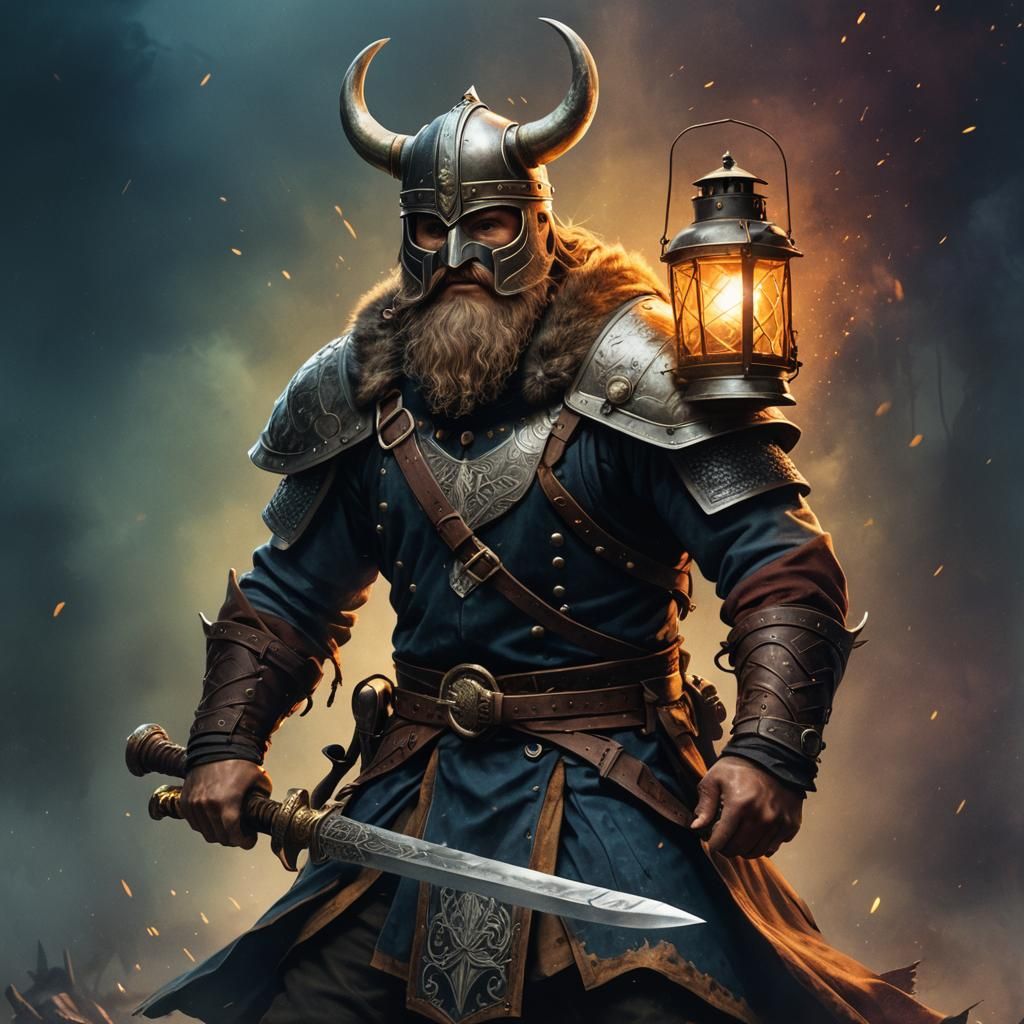 Masked Viking Warrior with Lantern and Sword