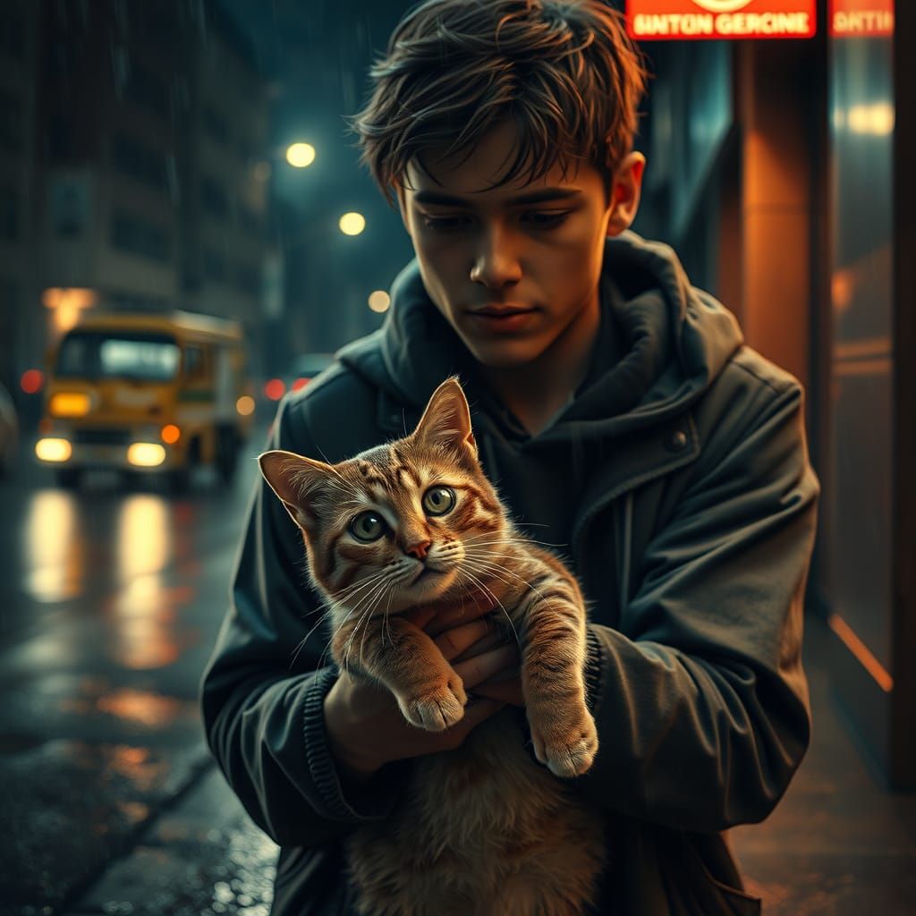 Man Rescues Cat in Rainy City Night, Hyper-Realistic