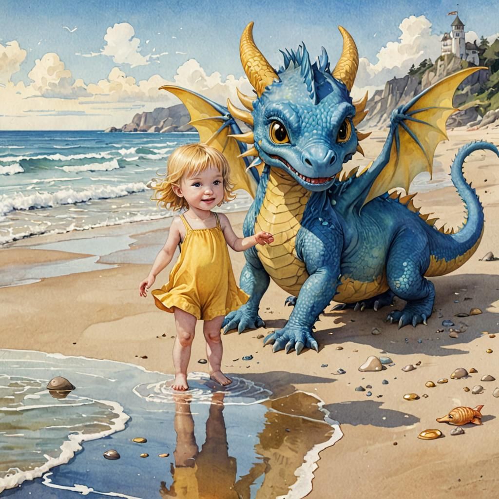 Toddler and Dragon: Watercolor Illustration on the Beach