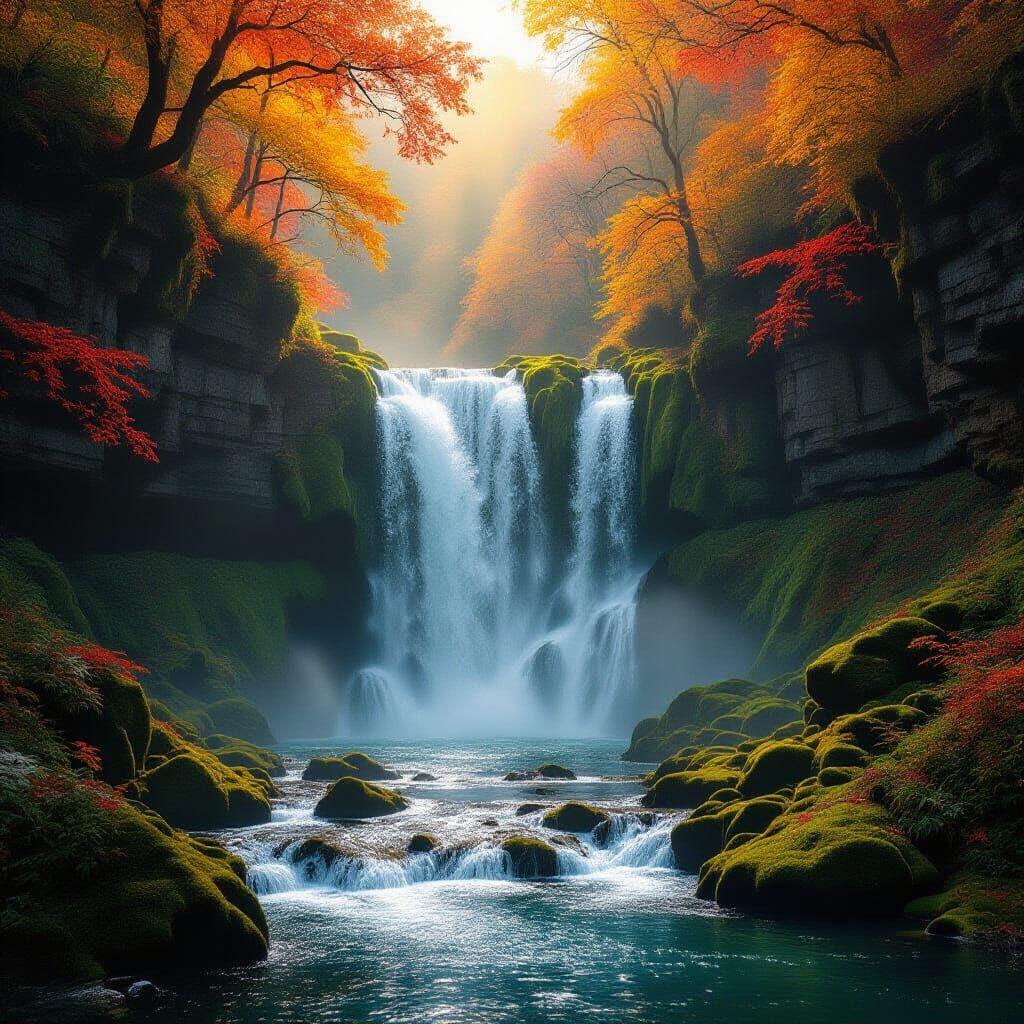 Majestic Autumn Waterfall in Ethereal Glow