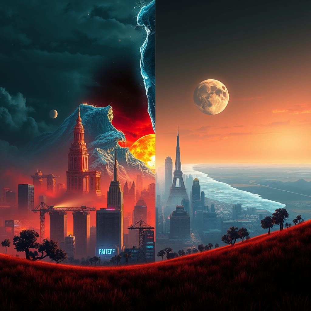 Cyberpunk Cityscape Divided: Nature's Opposites Collide