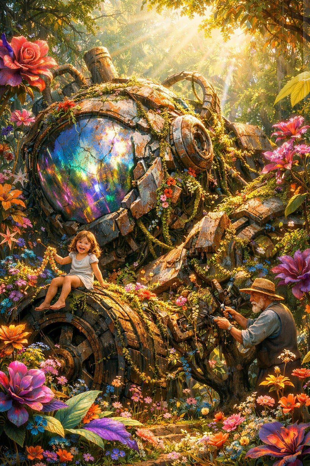 Enchanted Garden Reclaims Giant Mech with Girl Playing