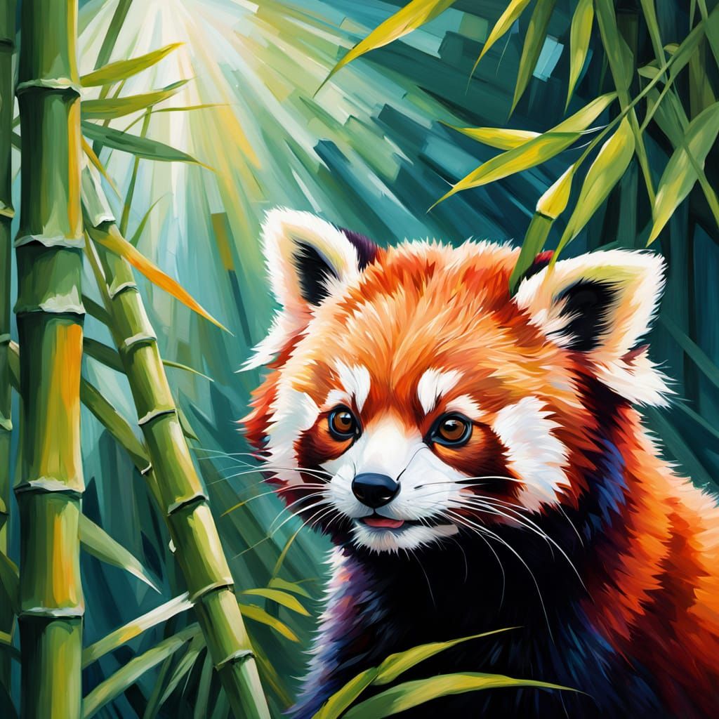 Playful Red Panda Cub Amidst Bamboo in Impressionist Style