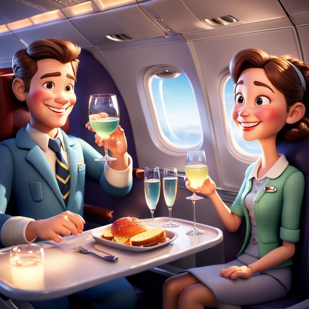 Cheerful Steward Serving Drinks in Cozy Airplane, 3D Art