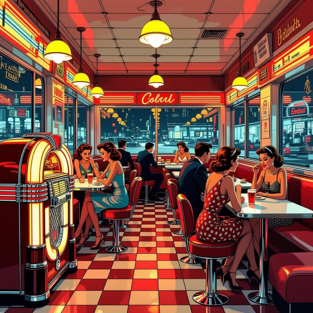 Bustling 1950s Diner Scene in Comic Art Style