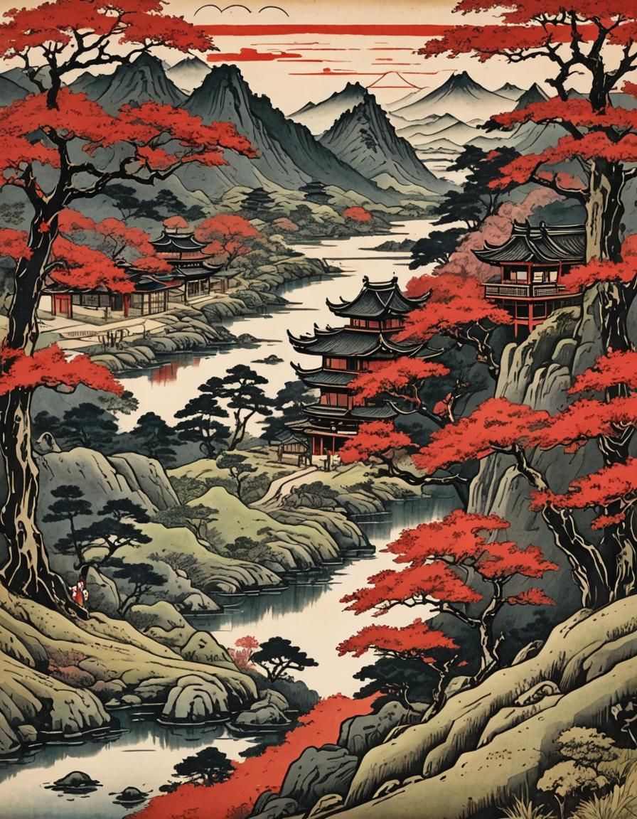 Medieval Japanese Landscape Print in Ink