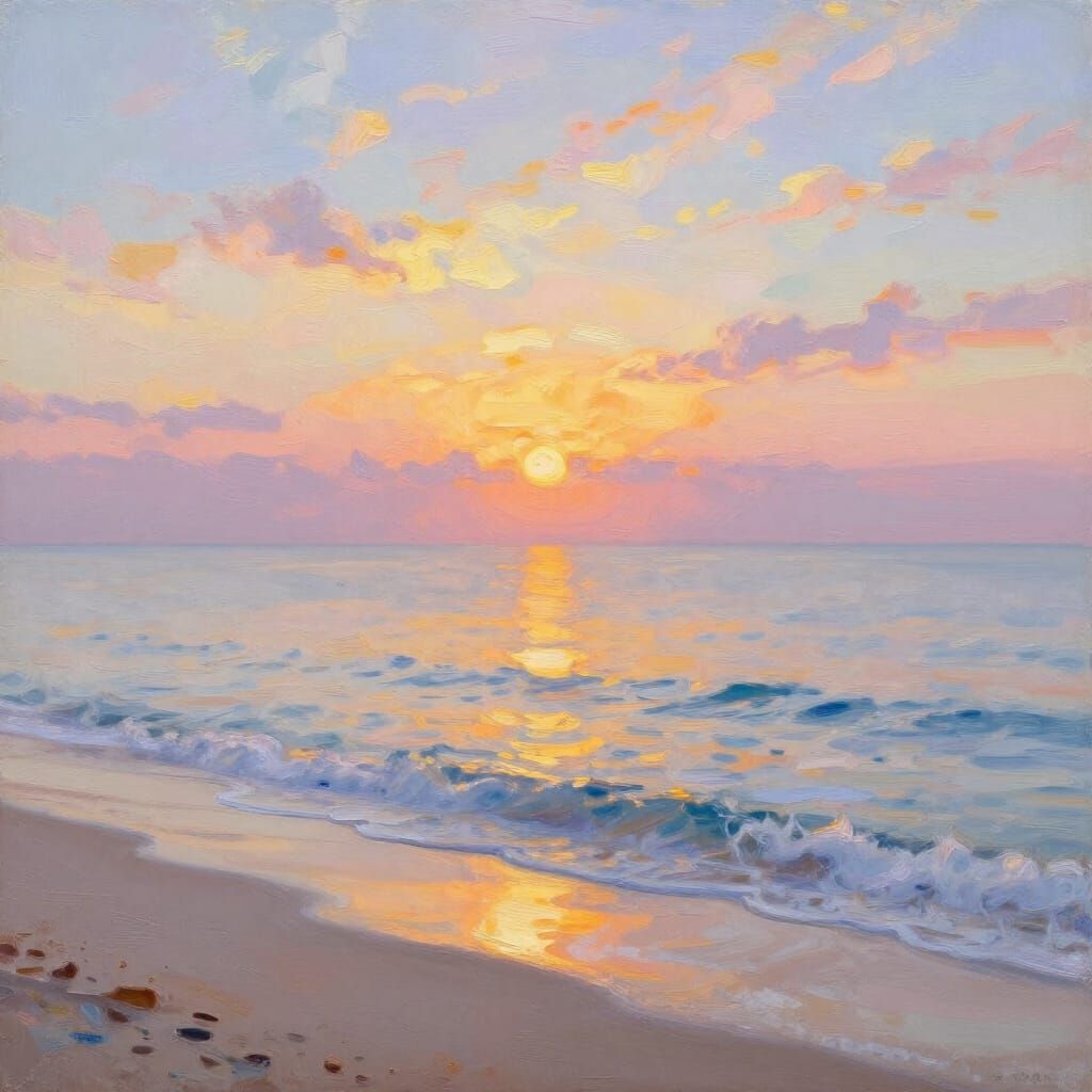 Serene Ocean Sunrise in Impressionistic Style