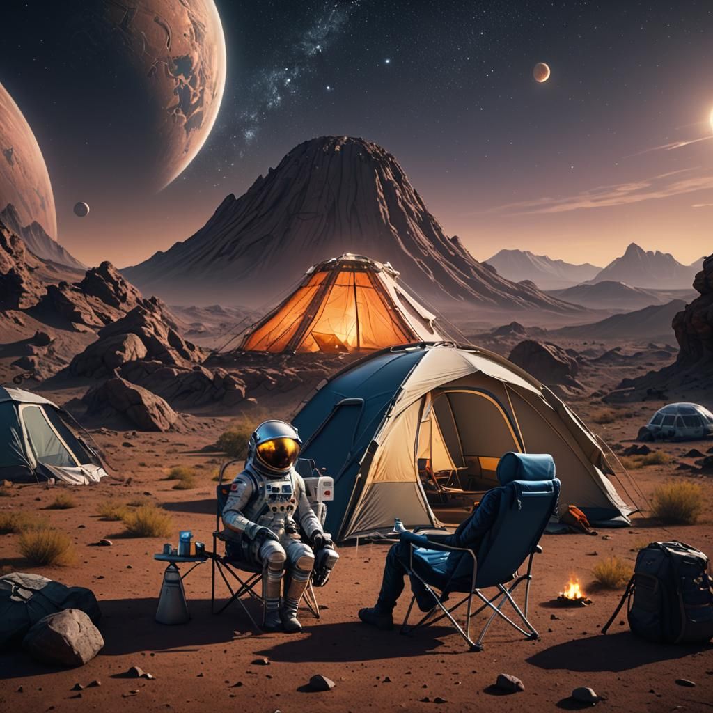 Spaceman Camping on Alien Planet in Photorealistic Style