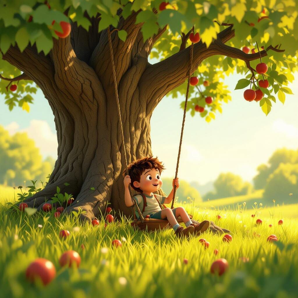Boy and Ancient Tree in Sunny Meadow, Pixar Style