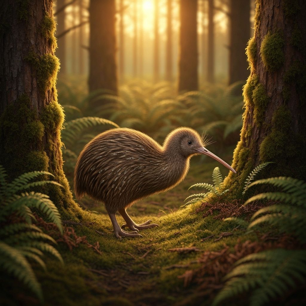 Kiwi Bird in Forest with Golden Hour Lighting