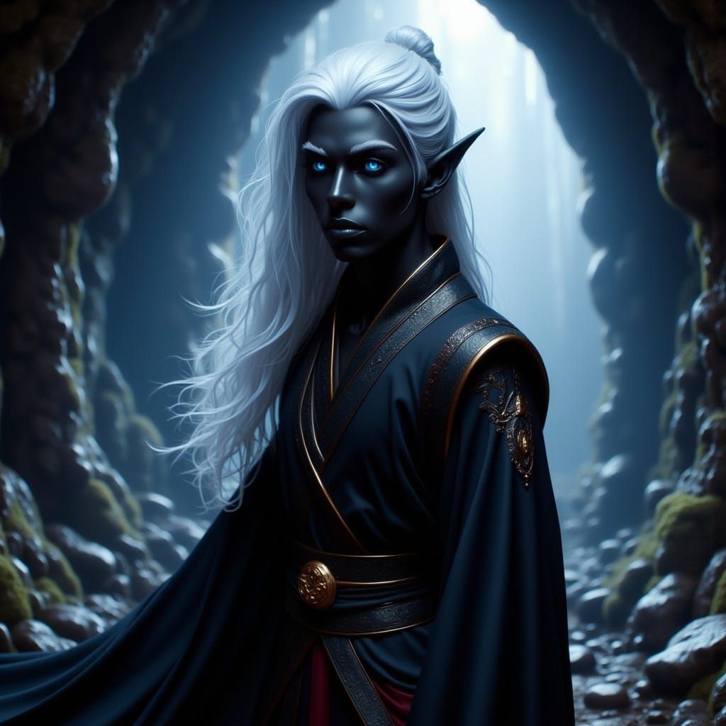 Ethereal Drow Monk in Dimly Lit Cave