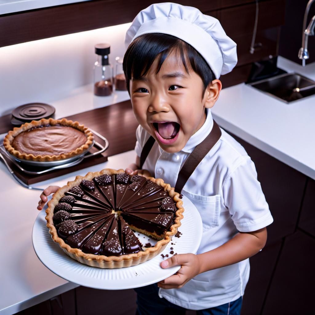 Happy Kid Enjoys Chocolate Pie in Kitchen