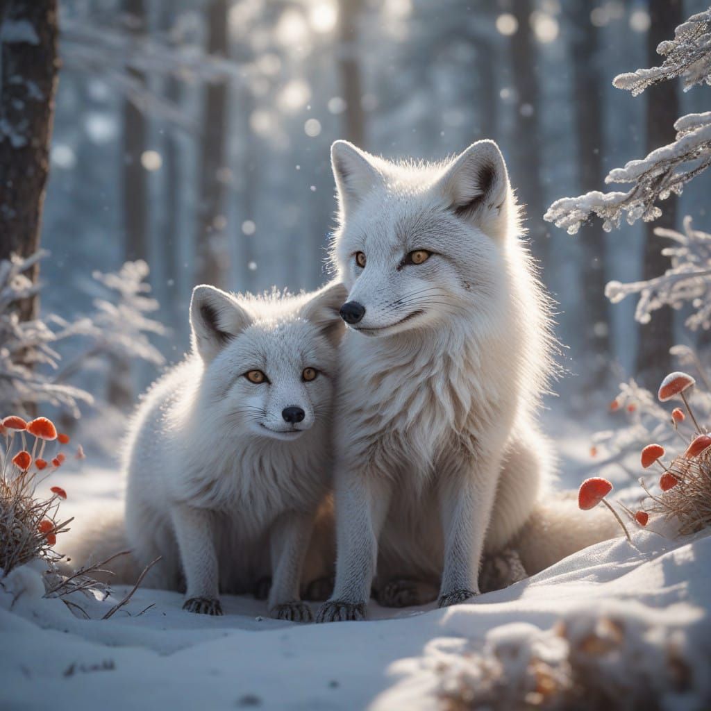Two Arctic Foxes Play in a Serene Winter Wonderland