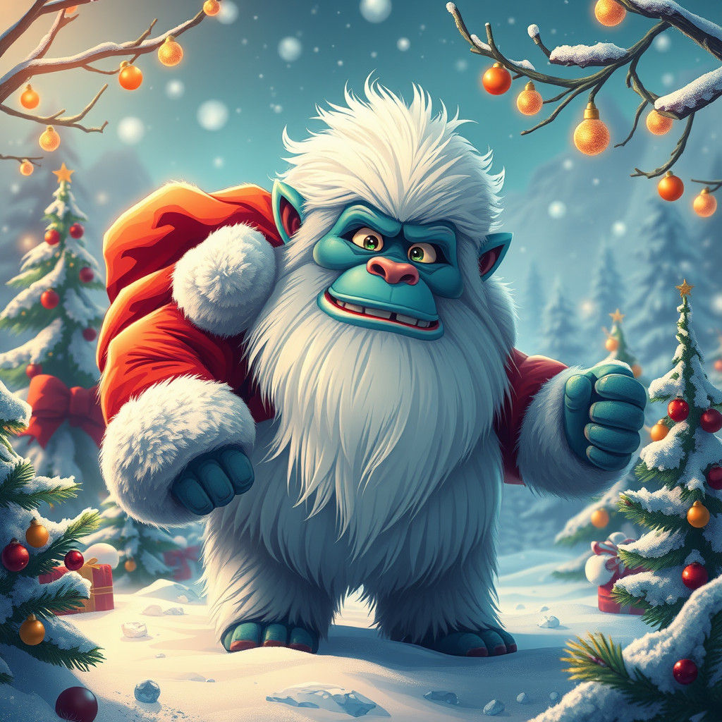 Yeti in Santa Costume Cartoon Art