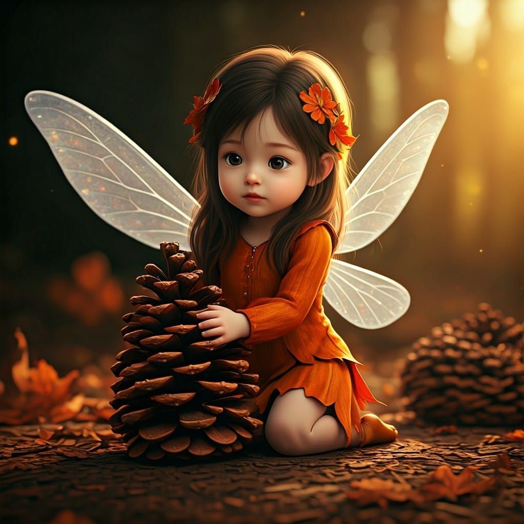Adorable Fairy Struggles with Oversized Pine Cone
