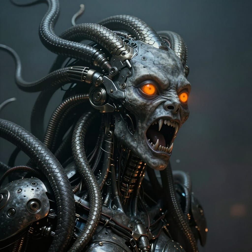 Biometal Cyber Medusa Screaming with Glowing Eyes