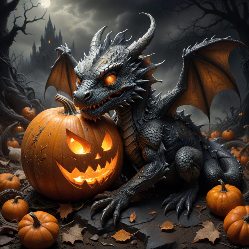 Baby Dragon Emerges From Halloween Pumpkins in Charcoal Draw...