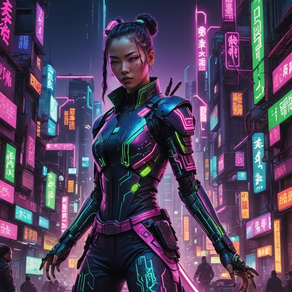 Android Kung Fu Master in Cyberpunk Cityscape