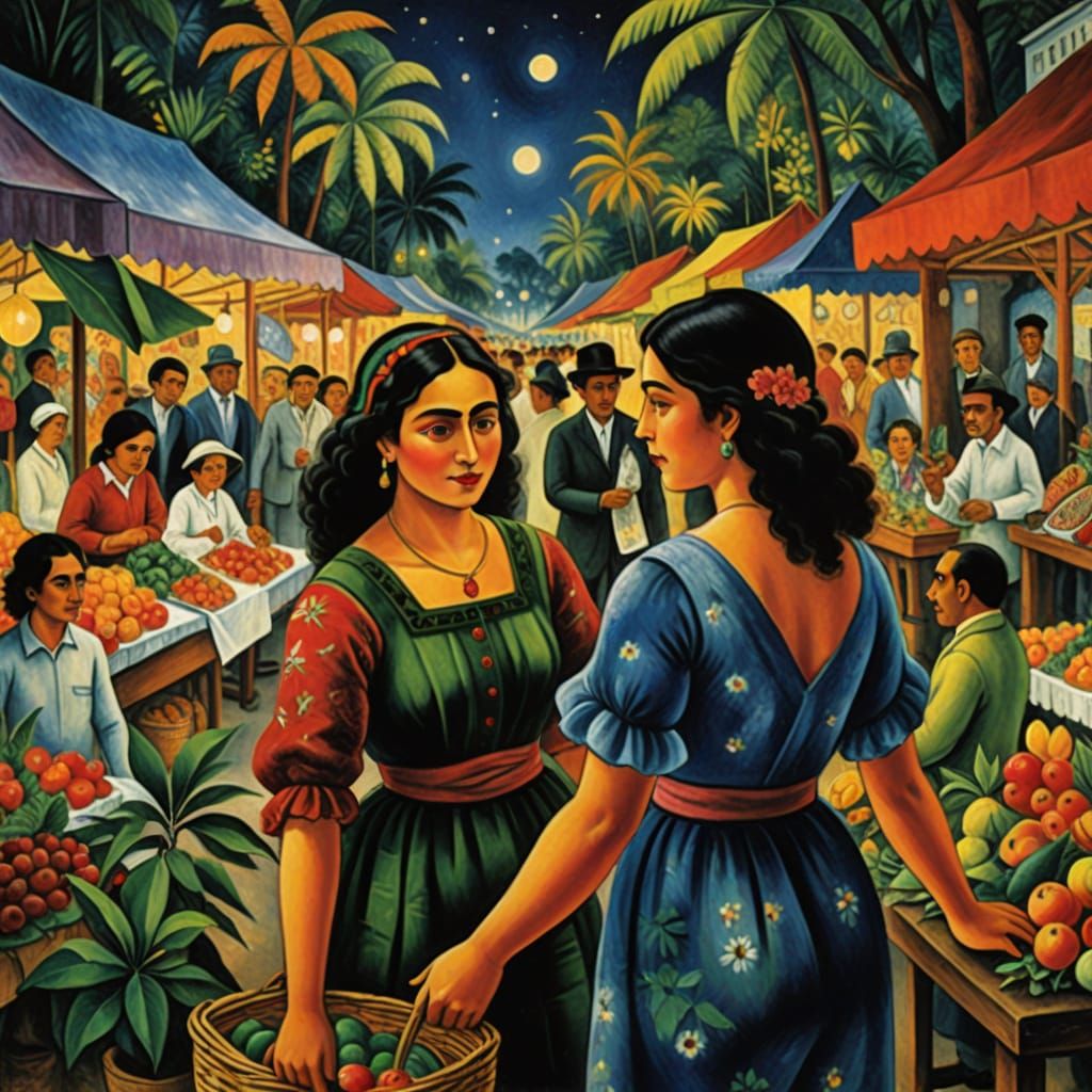 Vibrant Tropical Night Market Scene in Whimsical Artistic St...