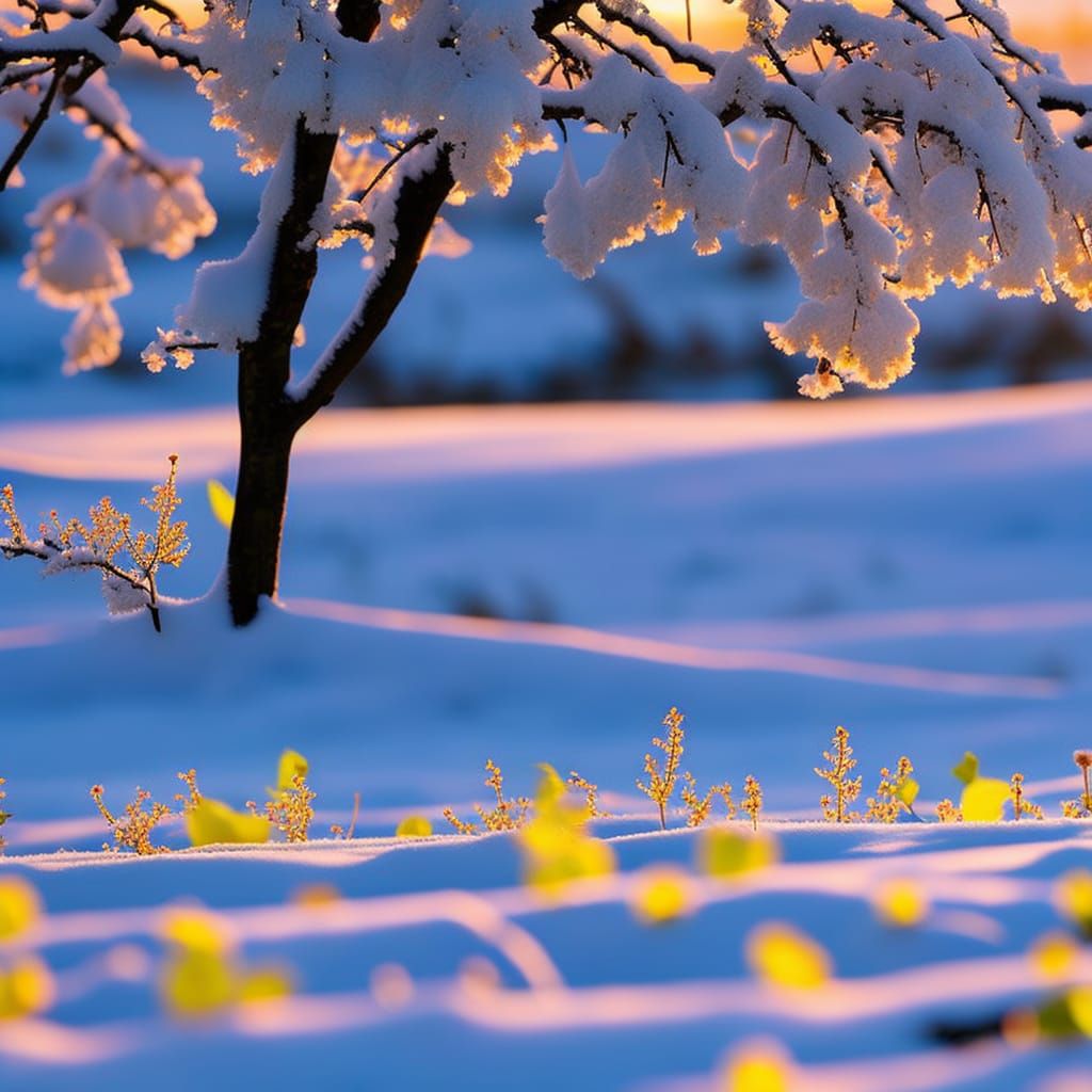 Spring Flowers Bloom in Snowy Field at Sunrise