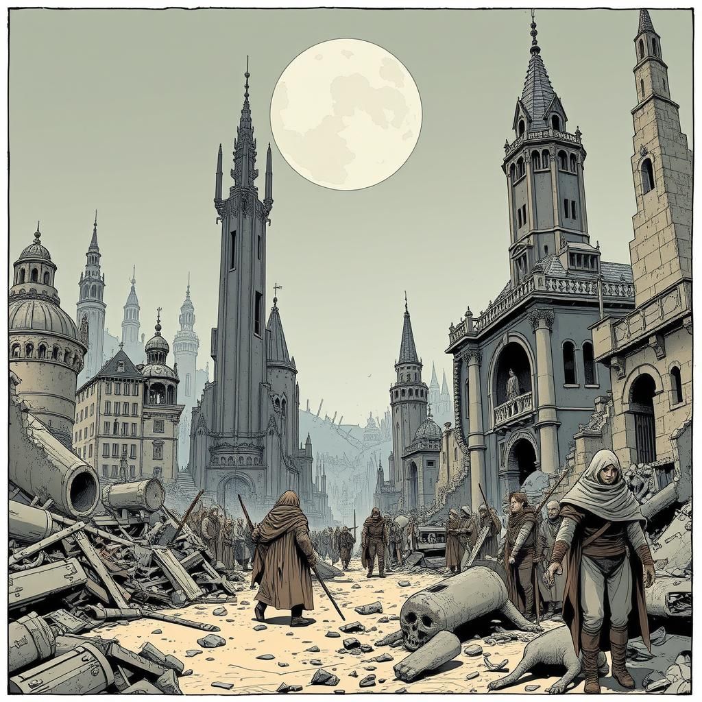 Post-Apocalyptic Cityscape in French Comic Book Art Style