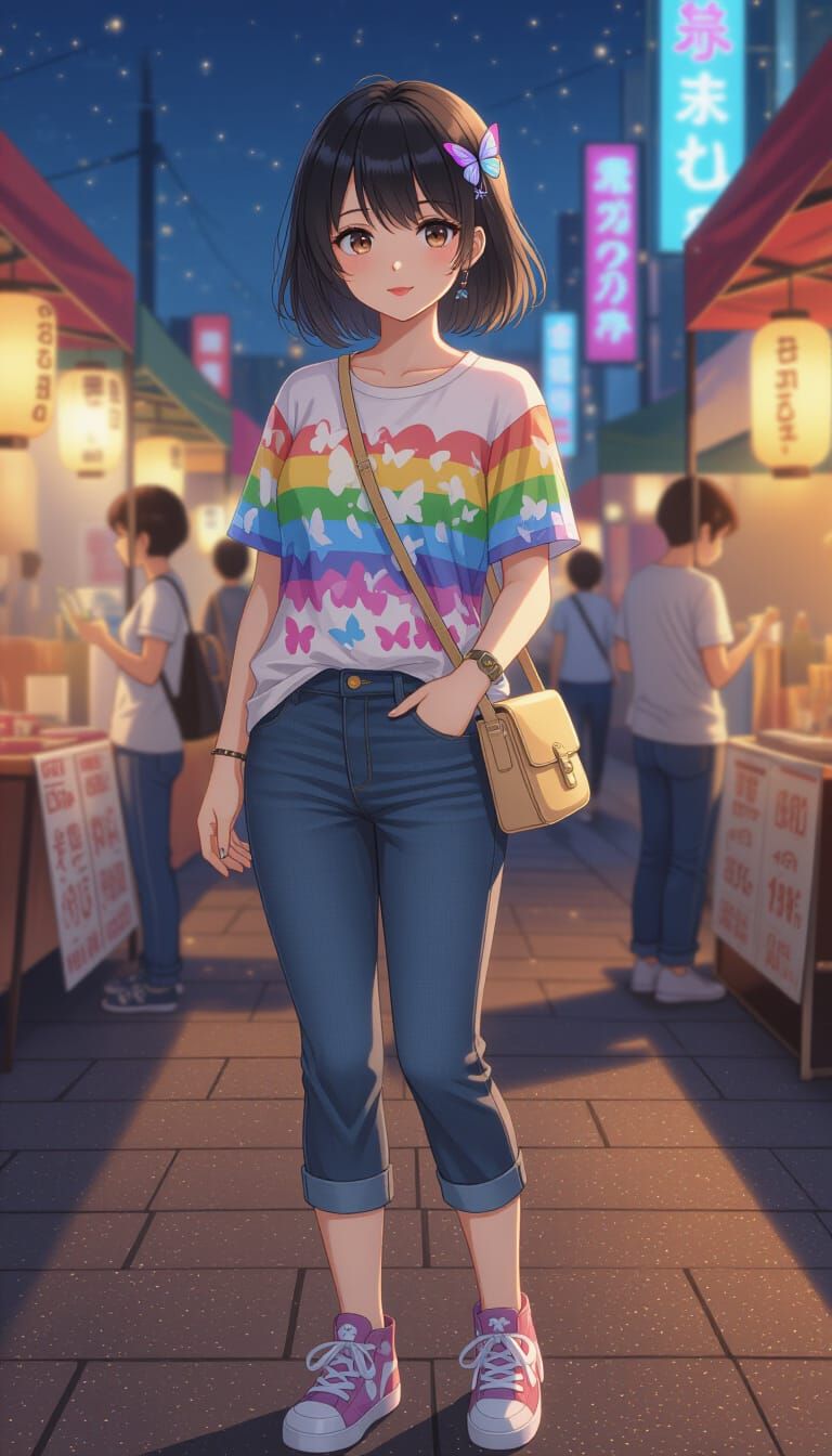 Anime Thai Woman at Night Market with Butterfly Accents