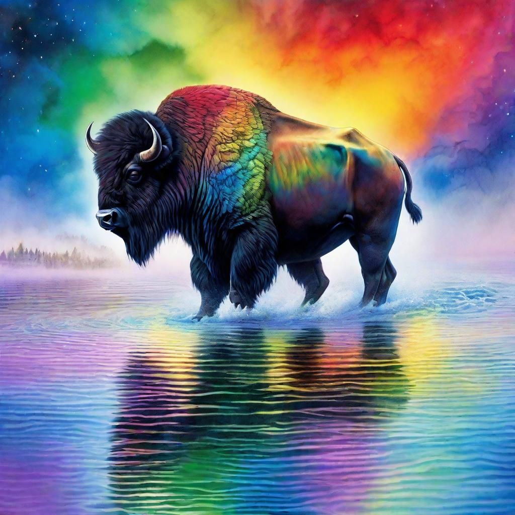 Rainbow Cosmic Bison in Glassy Water: Matte Painting