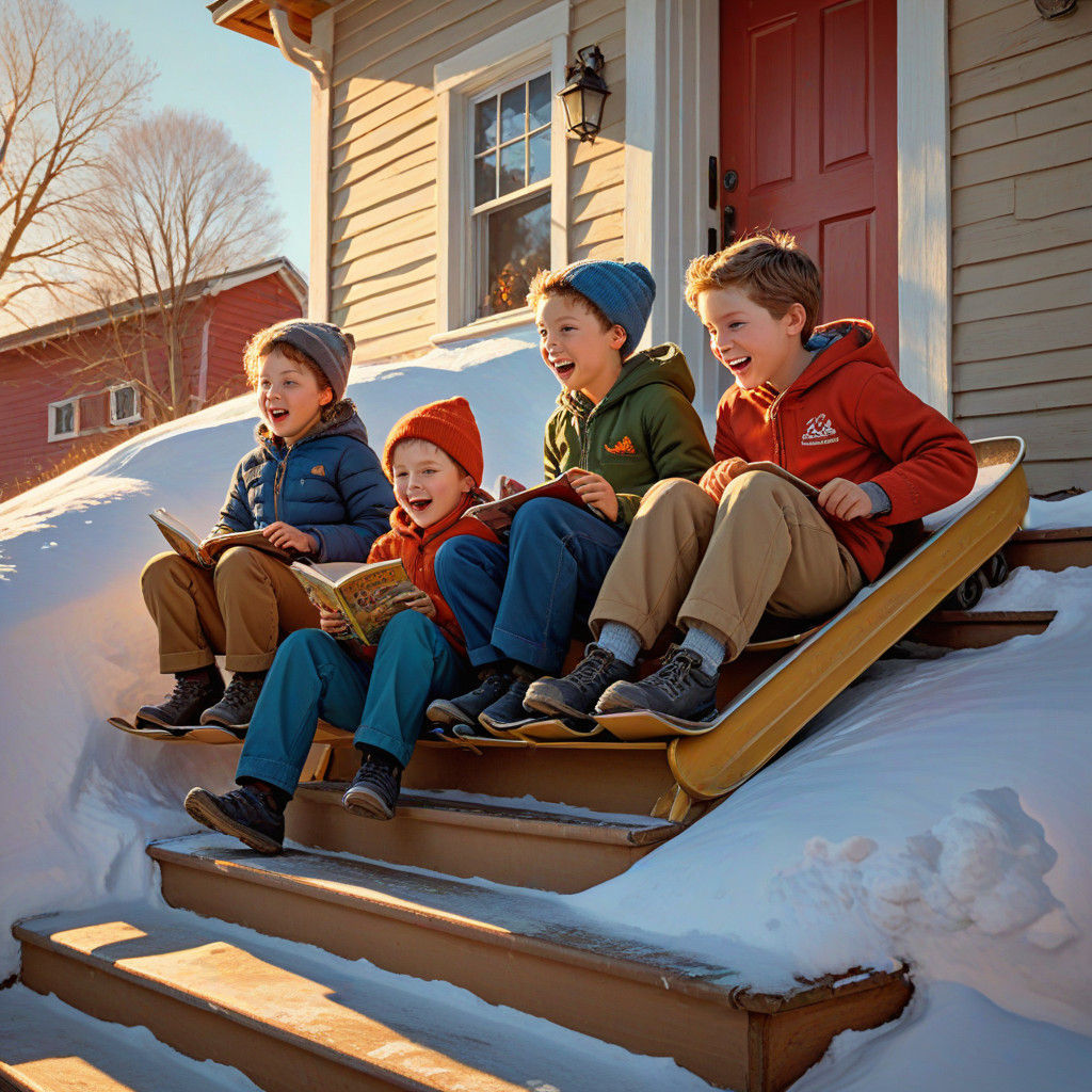 Whimsical Winter Wonderland: Children Sled Down Stairs in Jo...