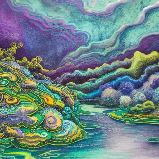 Surreal Landscape with Tranquil River and Rainbow