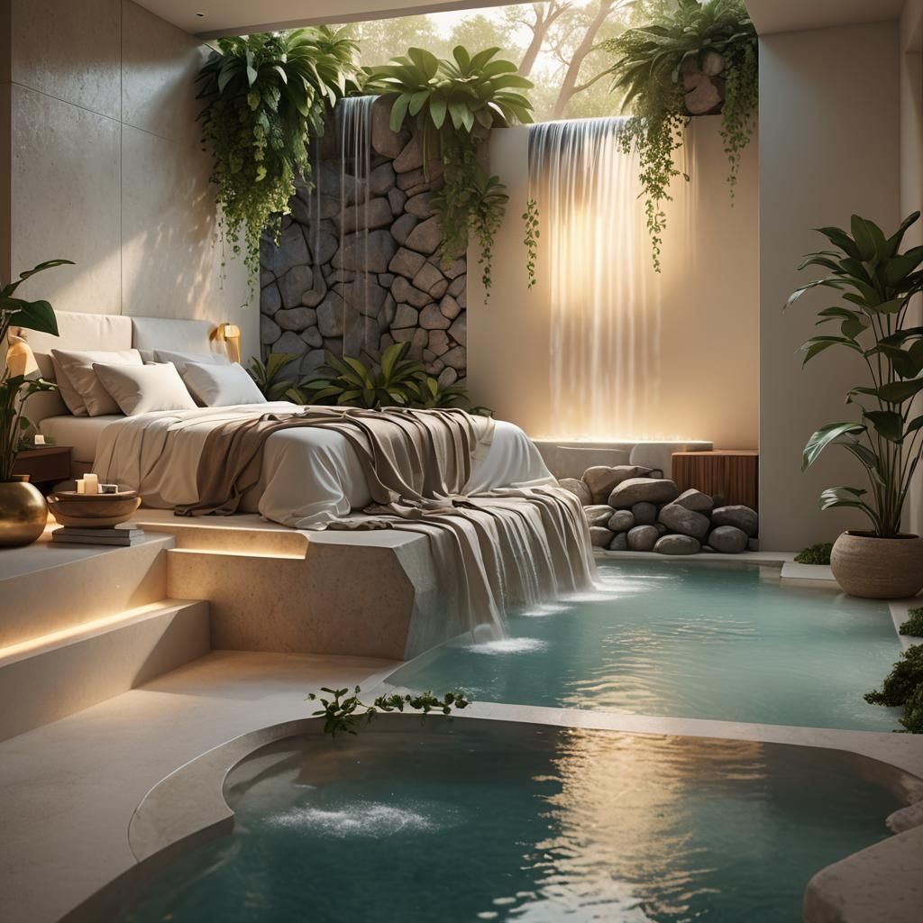 Dreamscape Bedroom with Waterfall in Unreal Engine