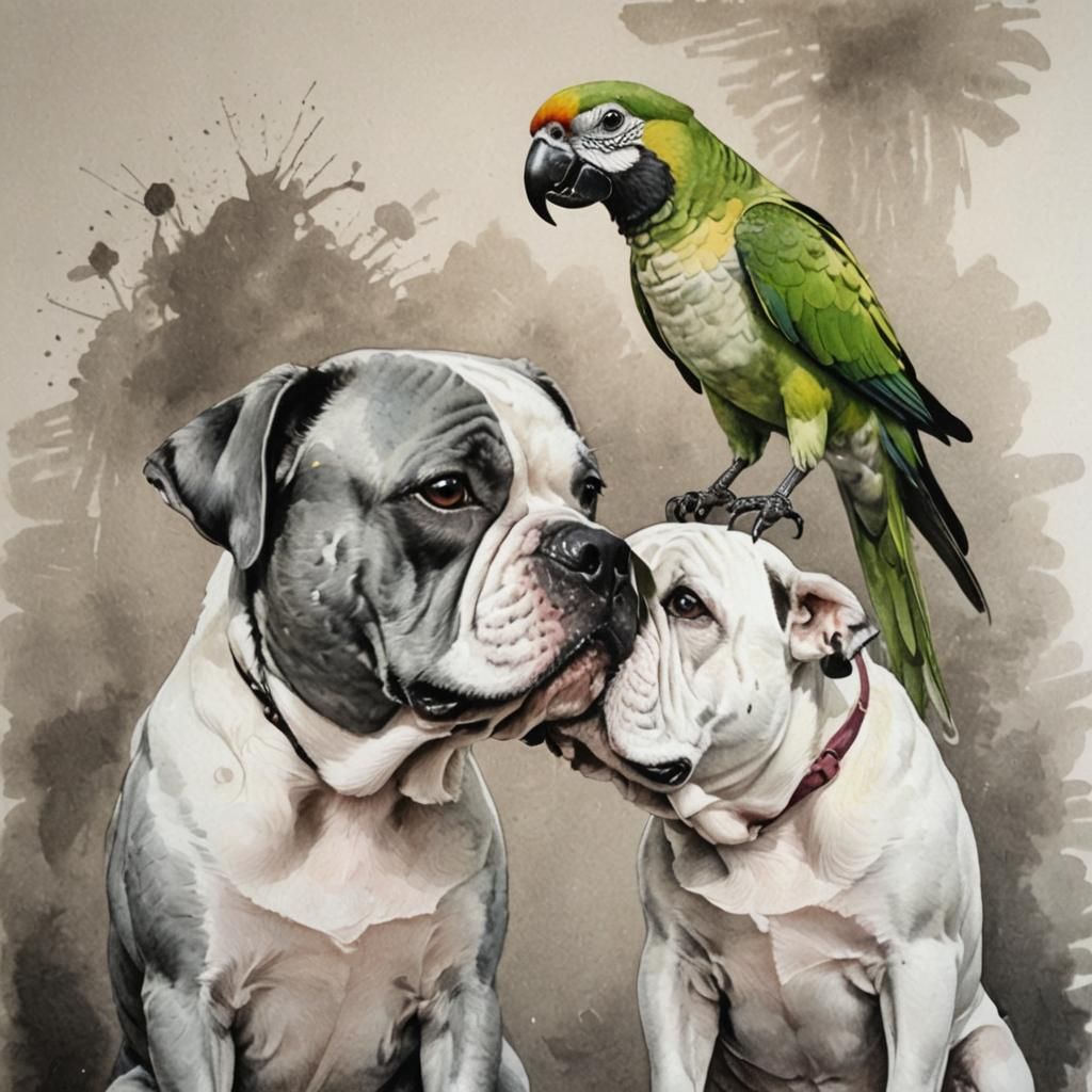 Parrot and Bulldog Ink Painting