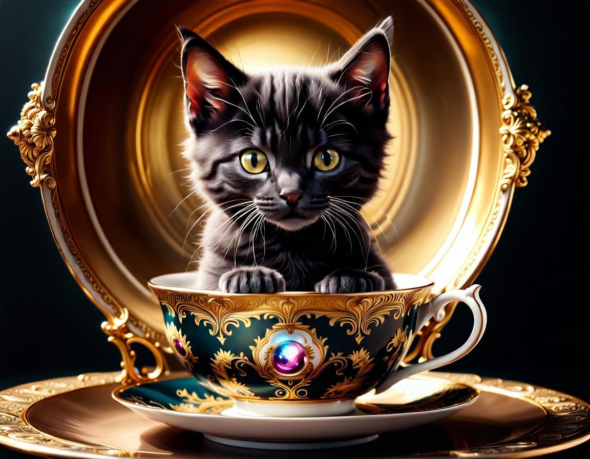 A Beautifully elegant teacup with cute kitten sitting in it