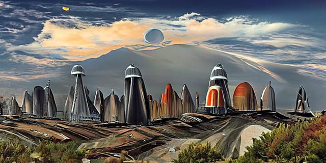 Retro Sci-Fi Lunar Landscape with Brutalist Architecture