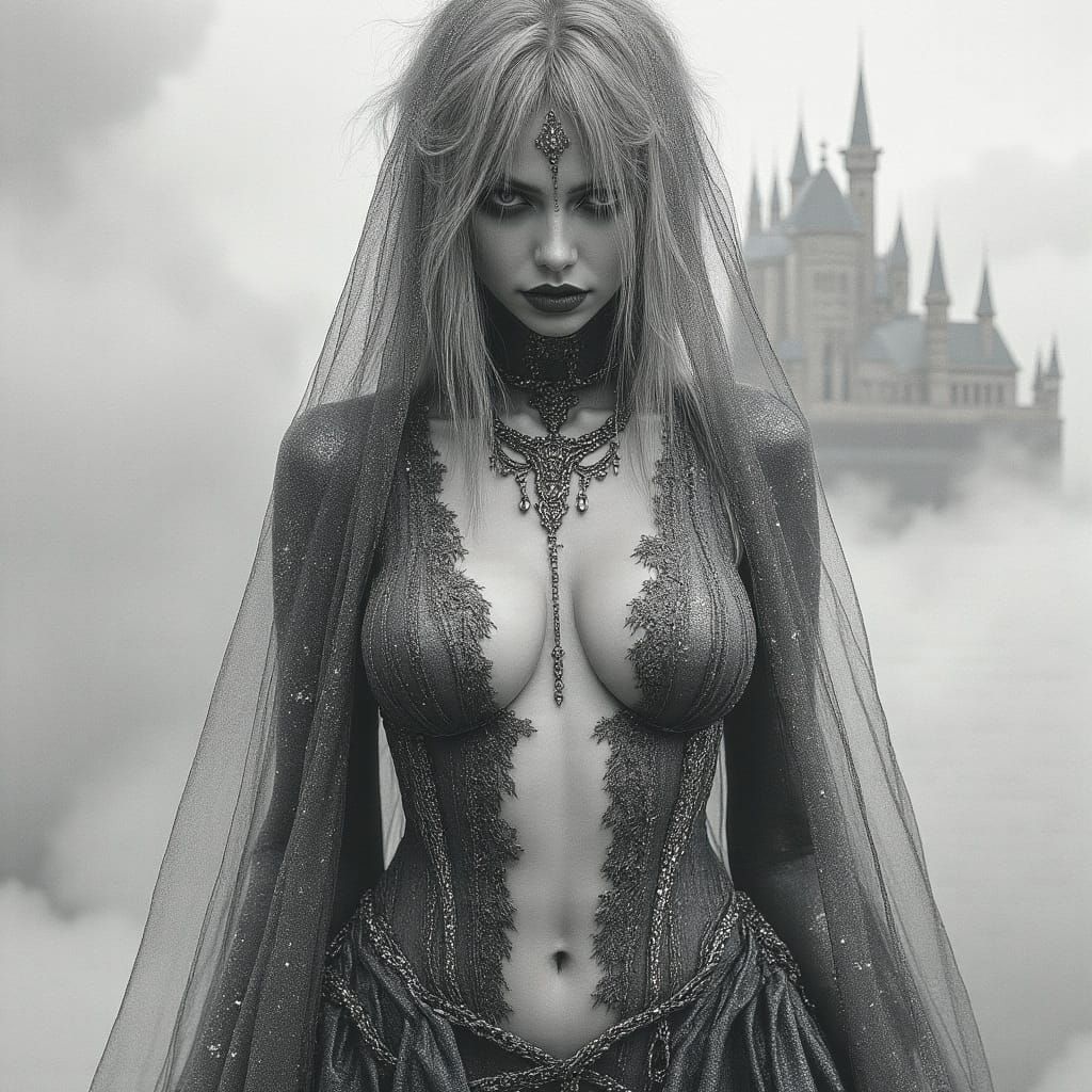 Ethereal Goddess in Spectral Castle, Pencil Drawing Style