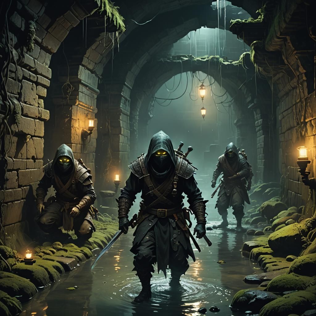 Ninja Ratmen Spies in Sewers: Dark Fantasy Art