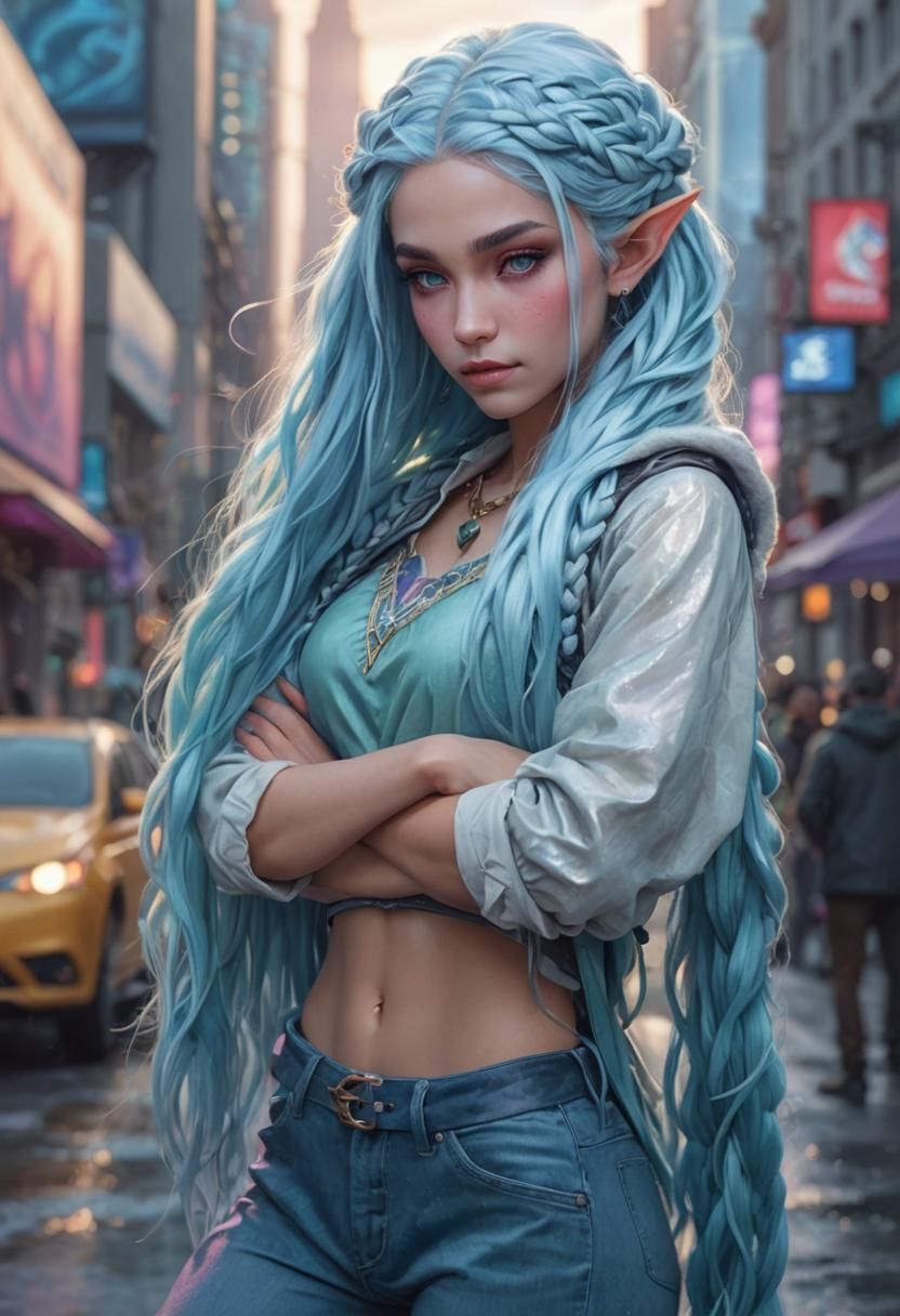 Blue Elf in a modern city, looking good.